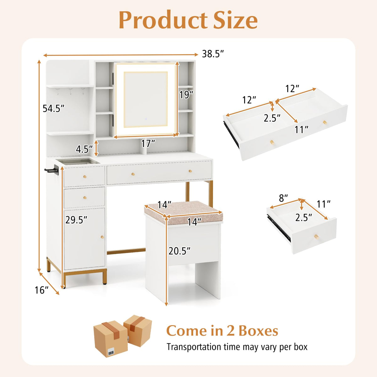 Makeup Vanity Set with Mirror and Lights, White Makeup Desk and Chair Set with Charging Station