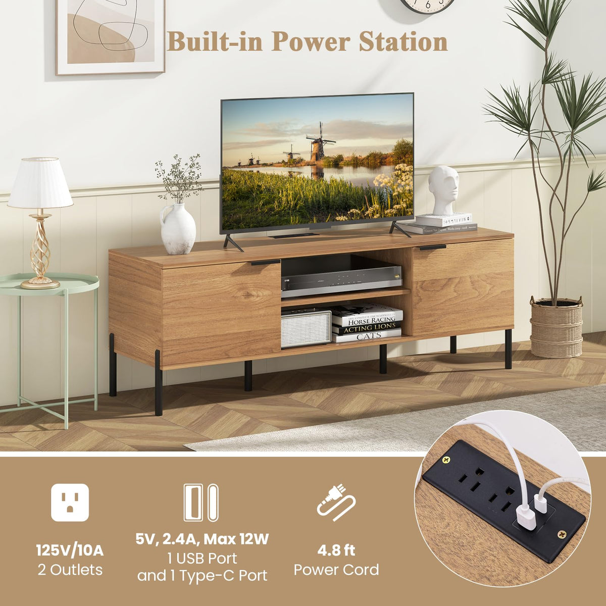 Goflame TV Stand for TVs up to 65”, Entertainment Center with Charging Station, 2 Cabinets, Open Shelves, 6 Sturdy Metal Legs