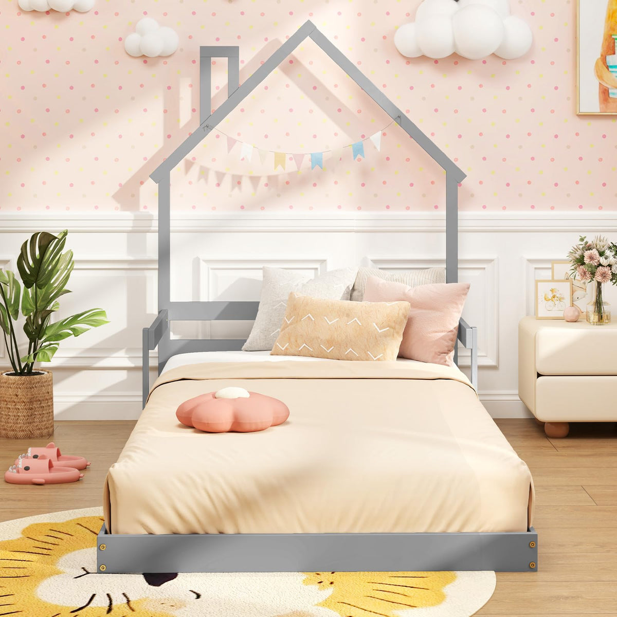 Goflame Twin Floor Bed for Kids, Wood Montessori Floor Bed with Chimney Headboard & Handrail
