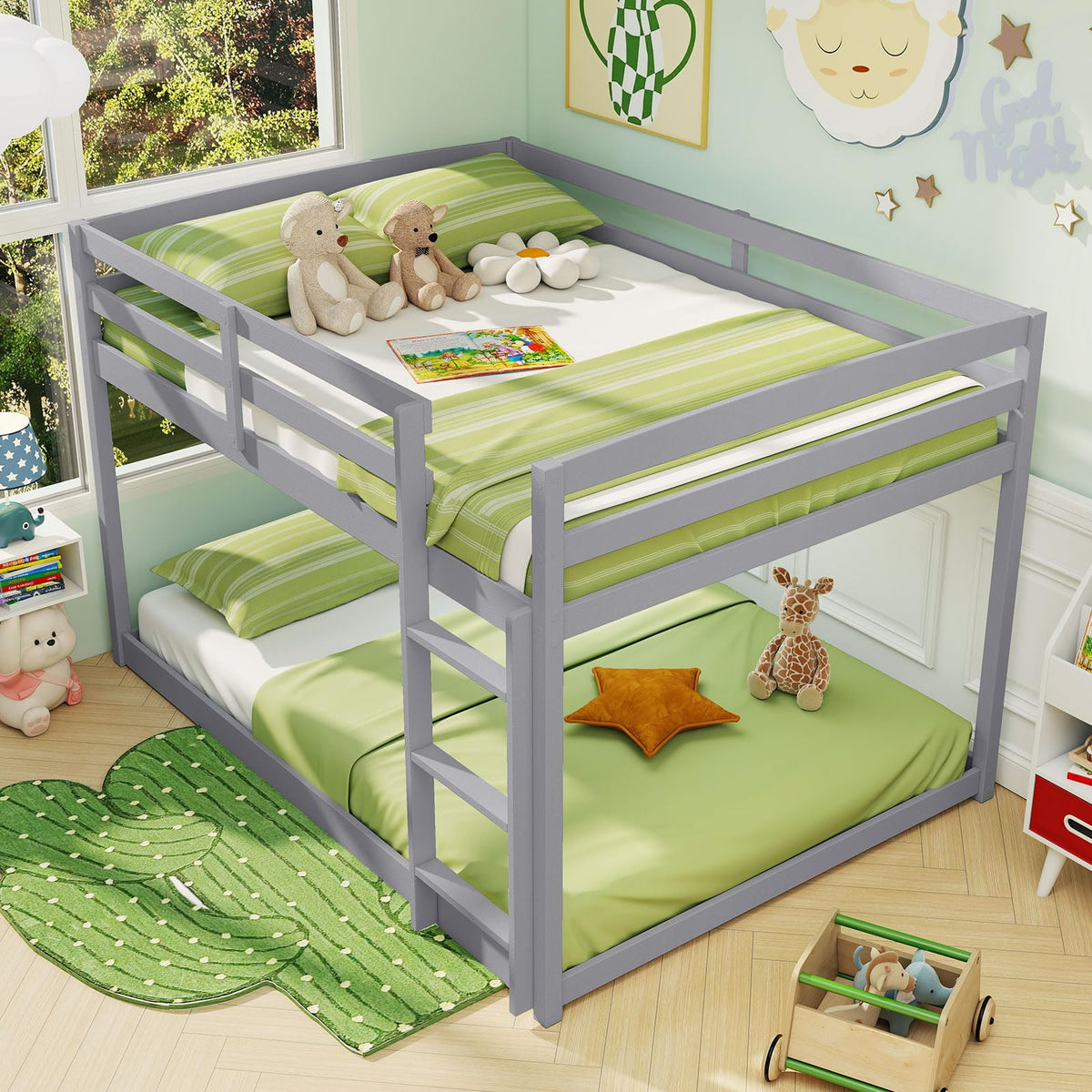 Goflame Full Over Full Bunk Bed Solid Wood Kids Bunk Bed with Full-Length Guardrails