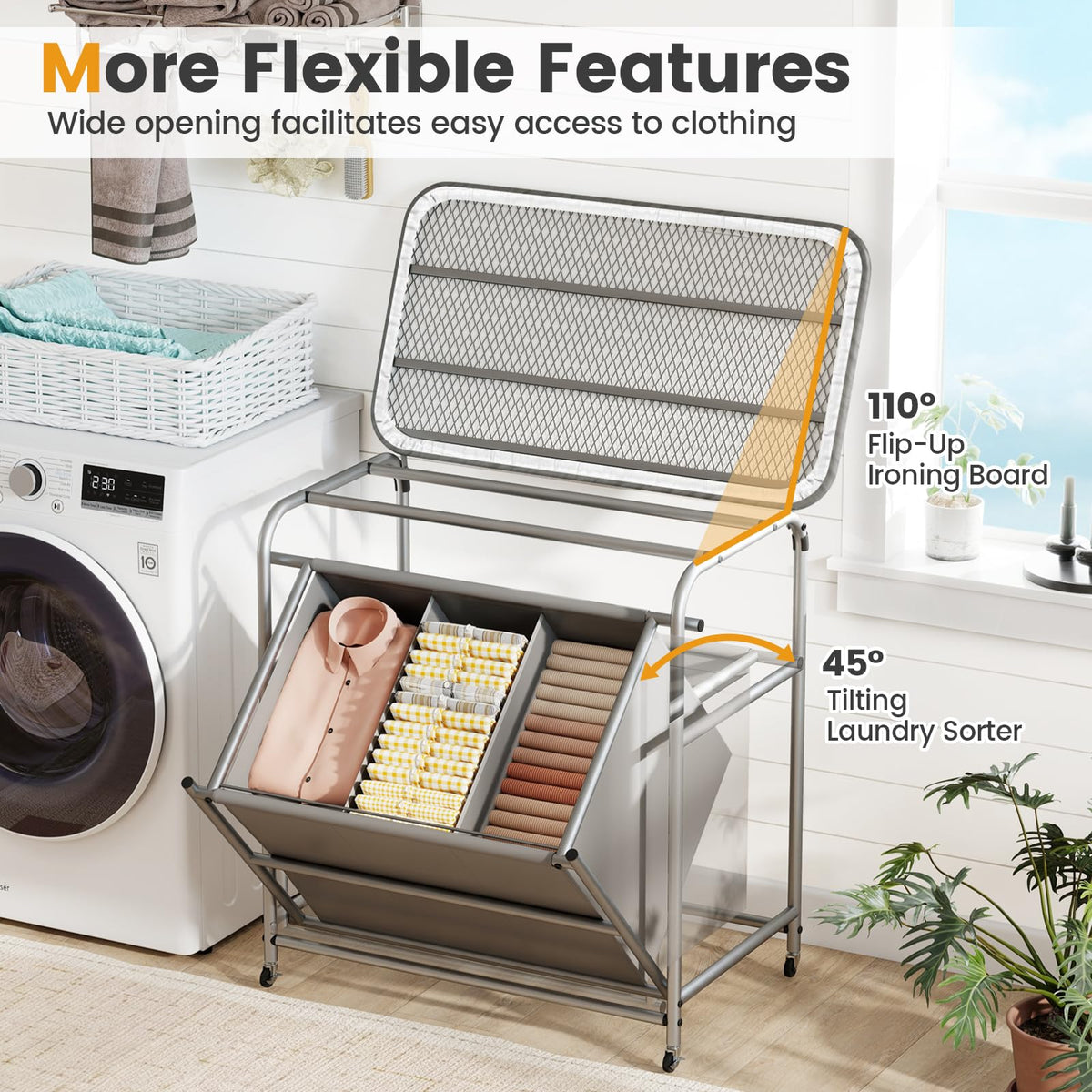 Goflame Laundry Sorter with Foldable Ironing Board 3 Section Tilt Out Laundry Hamper with Removable Bags