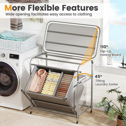 Goflame Laundry Sorter with Foldable Ironing Board 3 Section Tilt Out Laundry Hamper with Removable Bags