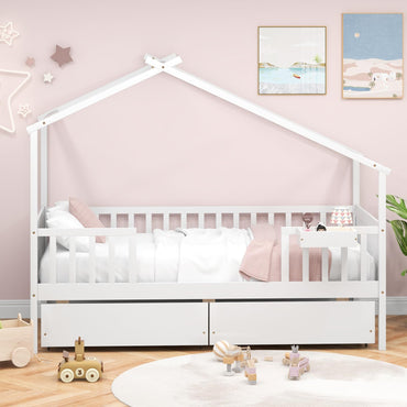 Goflame Twin House Bed with Drawers, Wooden Twin Bed Frame with Cube Storage & Fence Rails