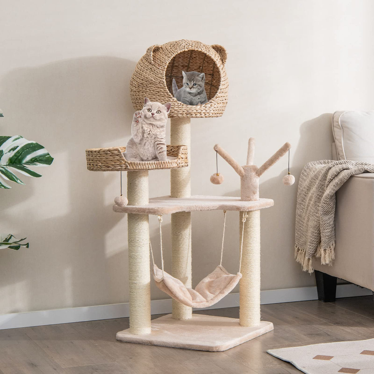 Goflame Wooden Cat Tree, 48 inches Cat Tower with Cattail Condo, Cat Bed, Hammock, Rotatable Jingling Balls