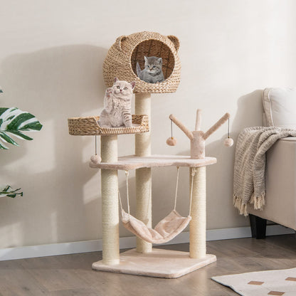 Goflame Wooden Cat Tree, 48 inches Cat Tower with Cattail Condo, Cat Bed, Hammock, Rotatable Jingling Balls