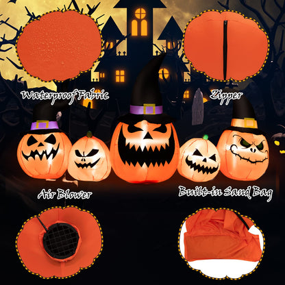 8 FT Long Halloween Inflatable Pumpkin Patch Family, 5 PCS Halloween Blow up Pumpkins with Built-in LED Lights & Blower