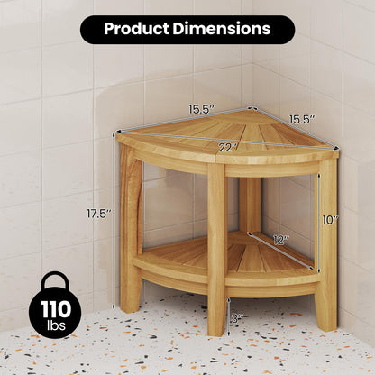 Goflame Corner Shower Stool - Teak Wood Shower Bench Seat with Storage Shelf for Shaving Legs