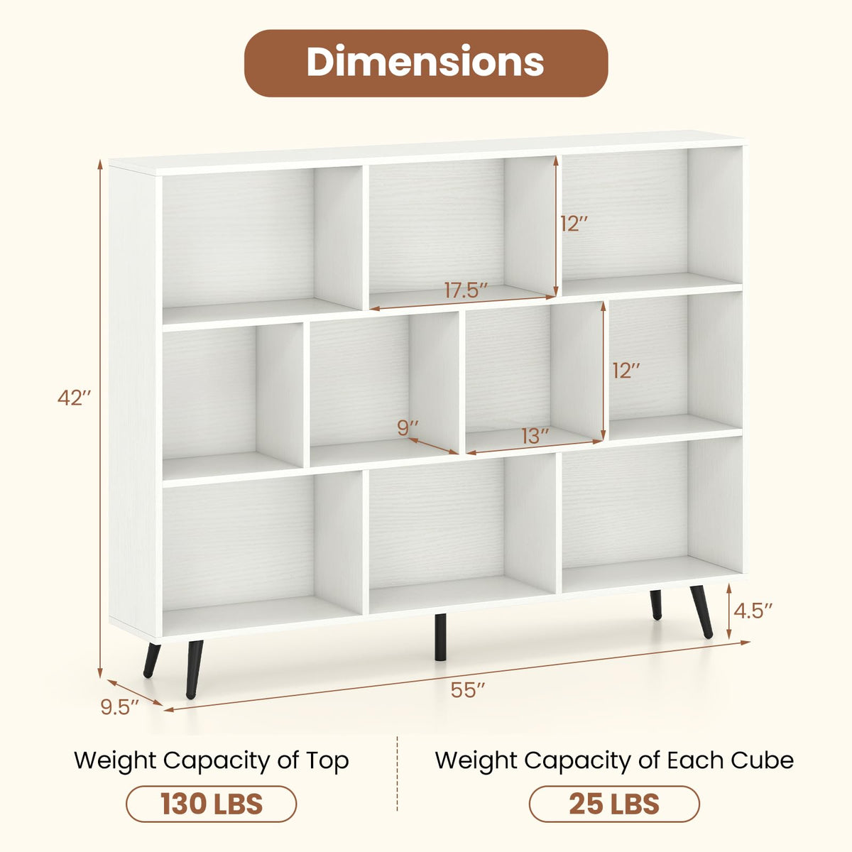 Goflame 10 Cube Bookcase with 5 Metal Legs for Living Room