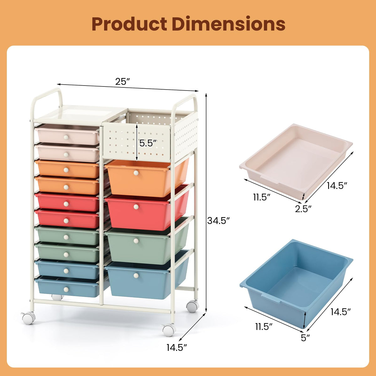 Goflame 14 Drawer Storage Cart | Rolling Craft Cart with Metal Tabletop & Pegboard