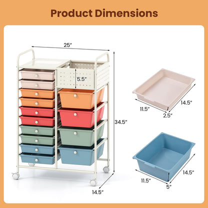 Goflame 14 Drawer Storage Cart | Rolling Craft Cart with Metal Tabletop & Pegboard