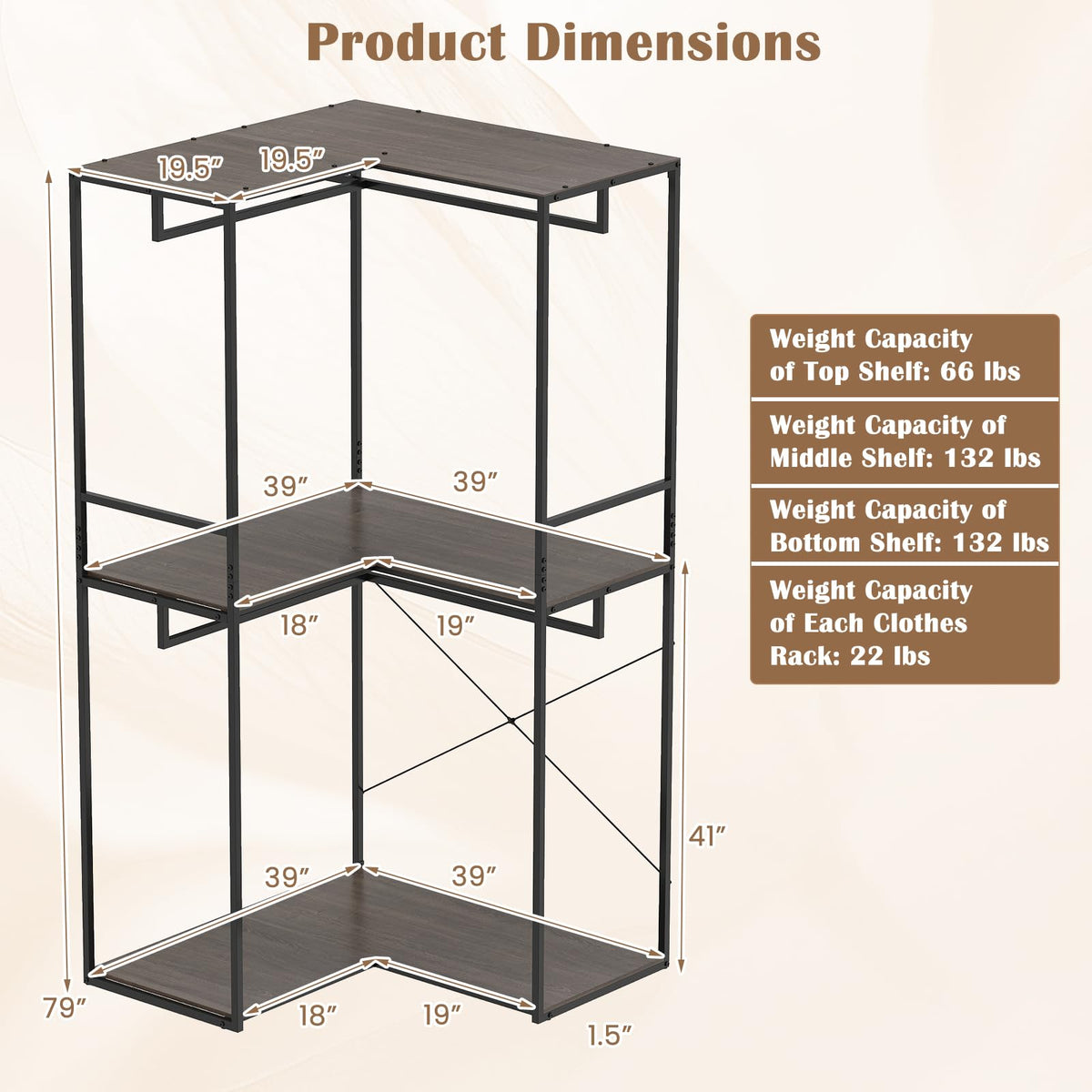 Goflame Heavy Duty Clothes Rack | 3-Tier L-Shaped Garment Rack w/3 Open Shelves & 2 Hanging Racks
