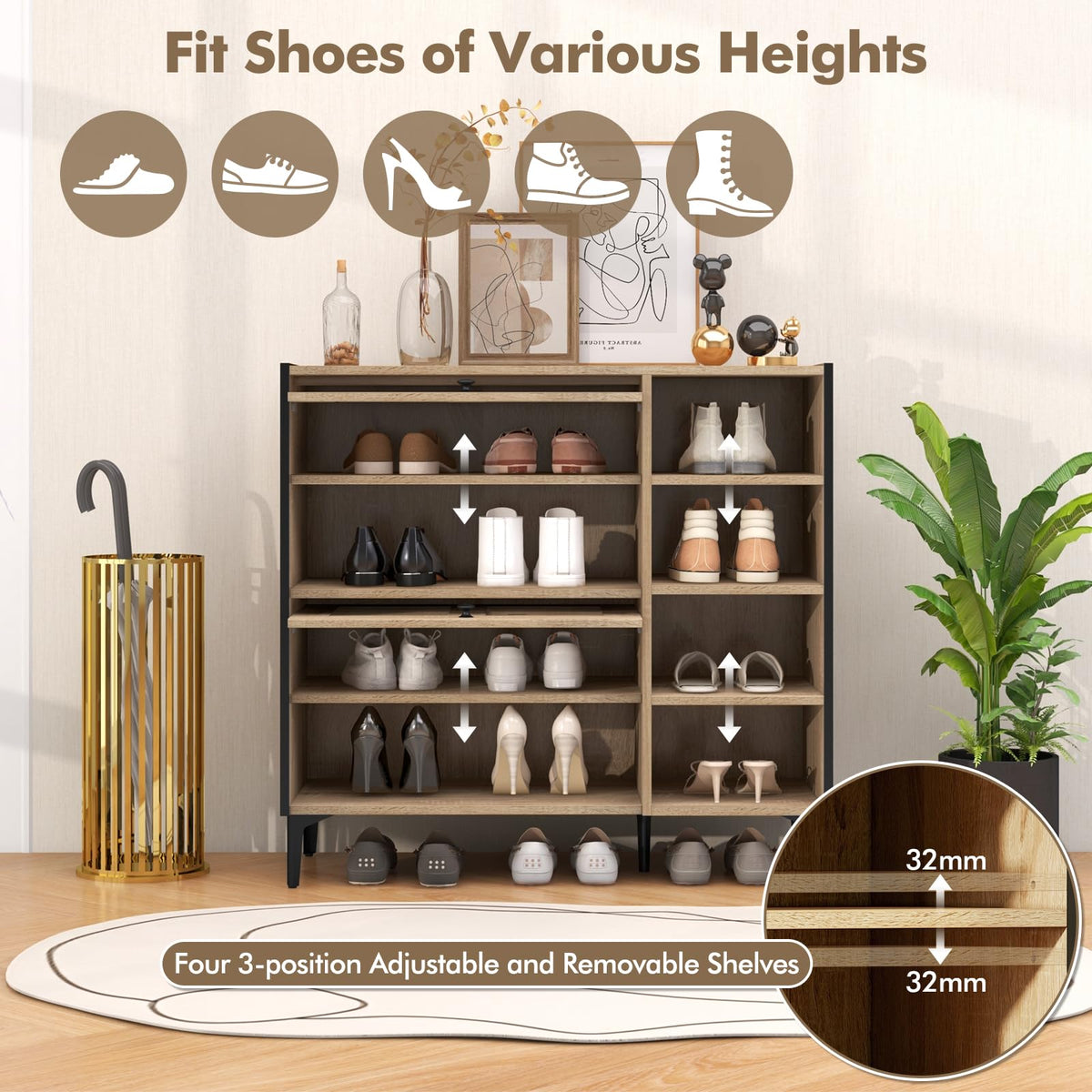 Goflame Shoe Cabinet with Flip & Slide Doors, Shoe Storage Cabinet with Adjustable Cube Shelves(Louvered Doors)