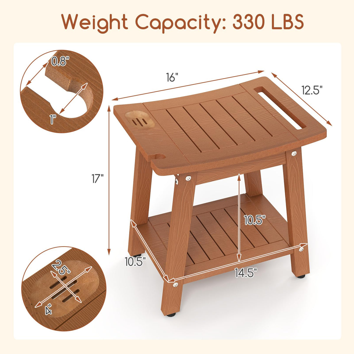Goflame Shower Bench HIPS Waterproof Bath Spa Seat with Storage Shelf