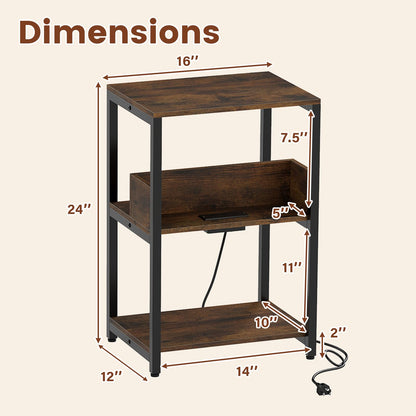 Goflame Side Table with Charging Station - Industrial 3-Tier Bedside Table w/Open Storage Shelves