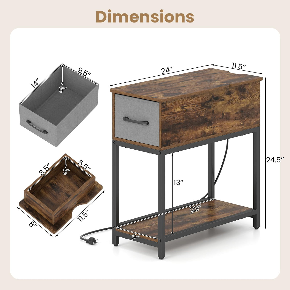 Goflame Narrow Side Table with Charging Station and LED Lights Industrial End Table