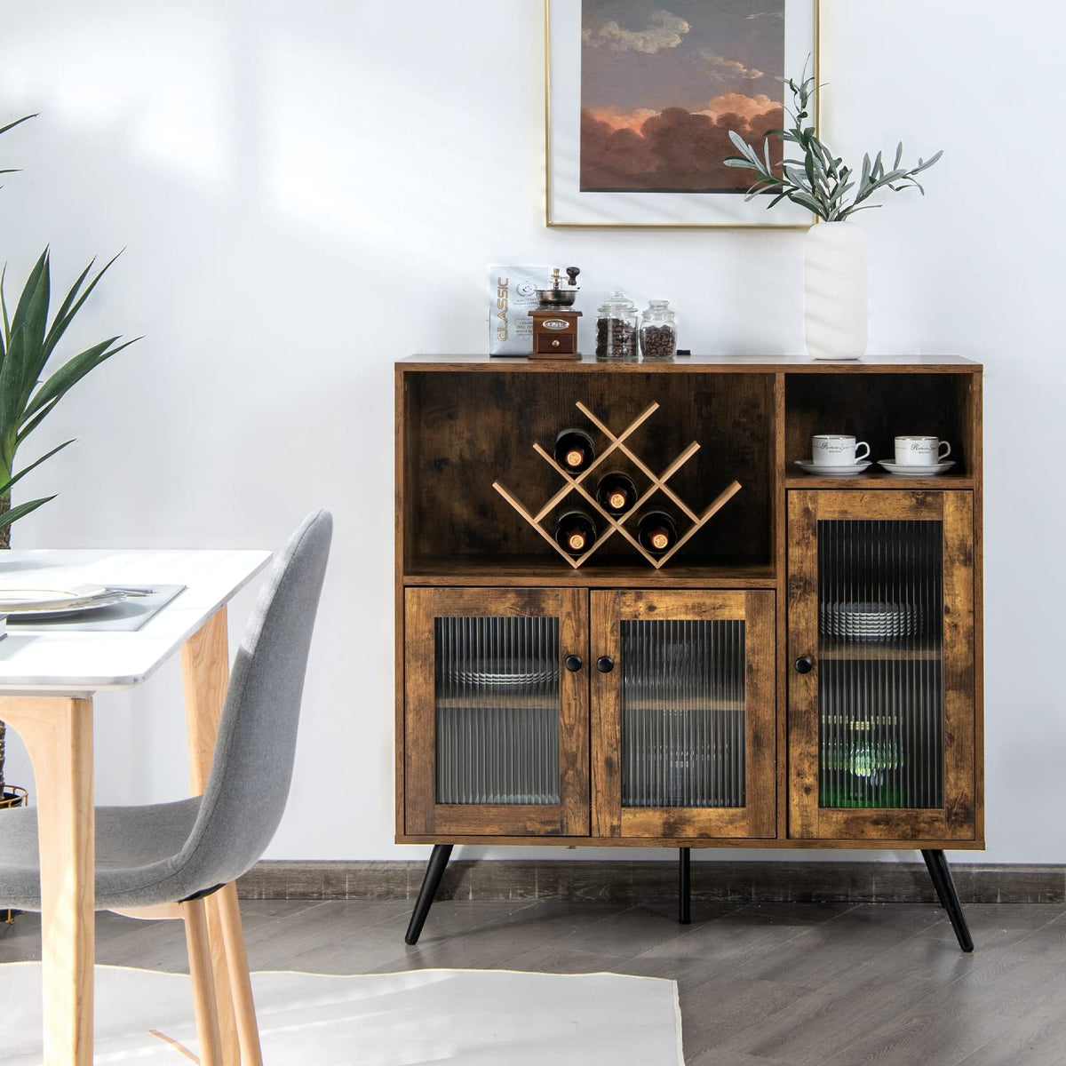 Goflame Storage Cabinet, Industrial Buffet Sideboard with Storage, 3 Door Wood Cupboard, 2 Creadenzas 2 Shelves