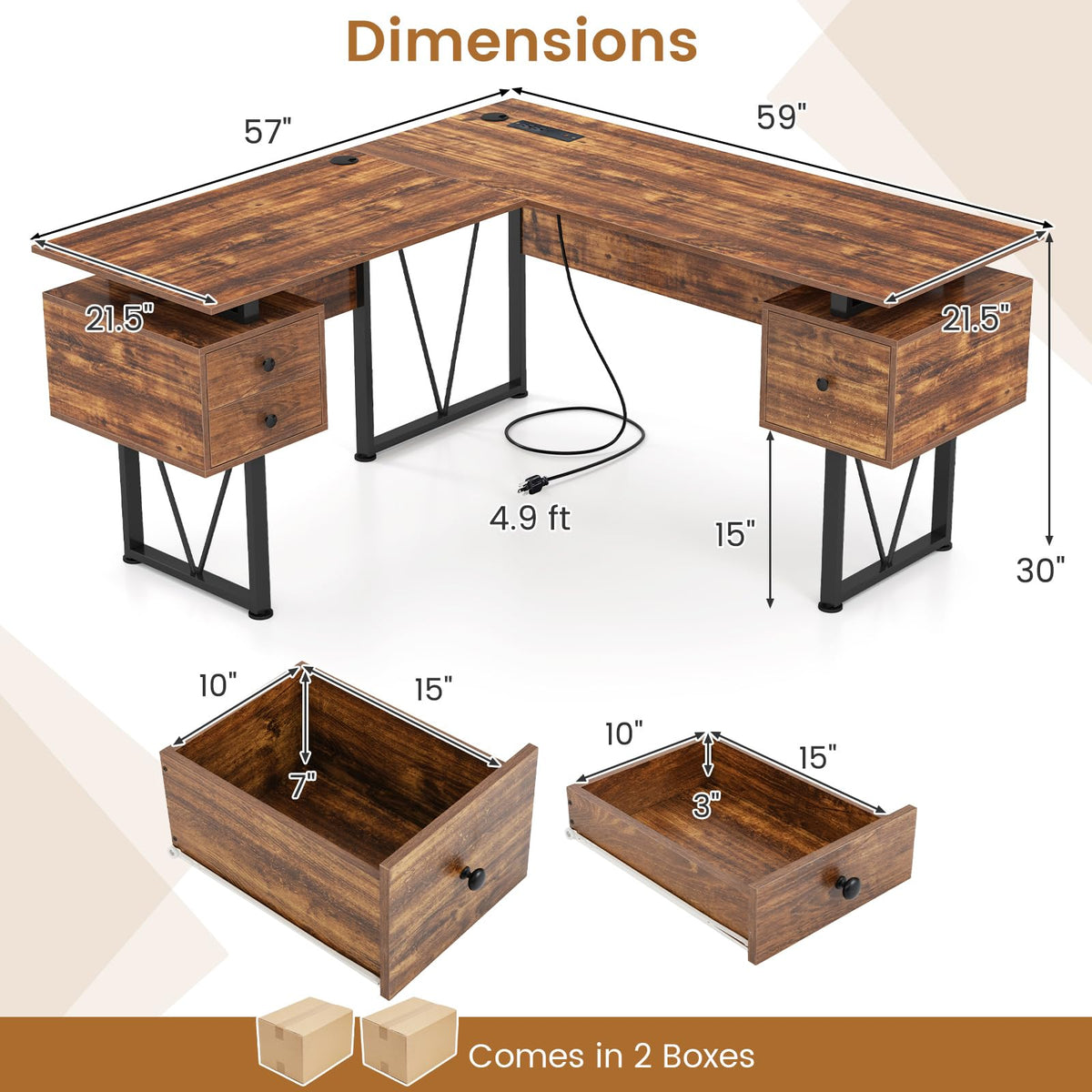 Goflame L Shaped Desk with Drawers, 59” Large Computer Desk with Power Outlet