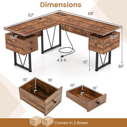 Goflame L Shaped Desk with Drawers, 59” Large Computer Desk with Power Outlet