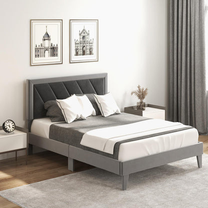 Goflame Full Size Velvet Bed Frame with Headboard, Modern Upholstered Platform Bed, No Box Spring Needed, Black & Gray