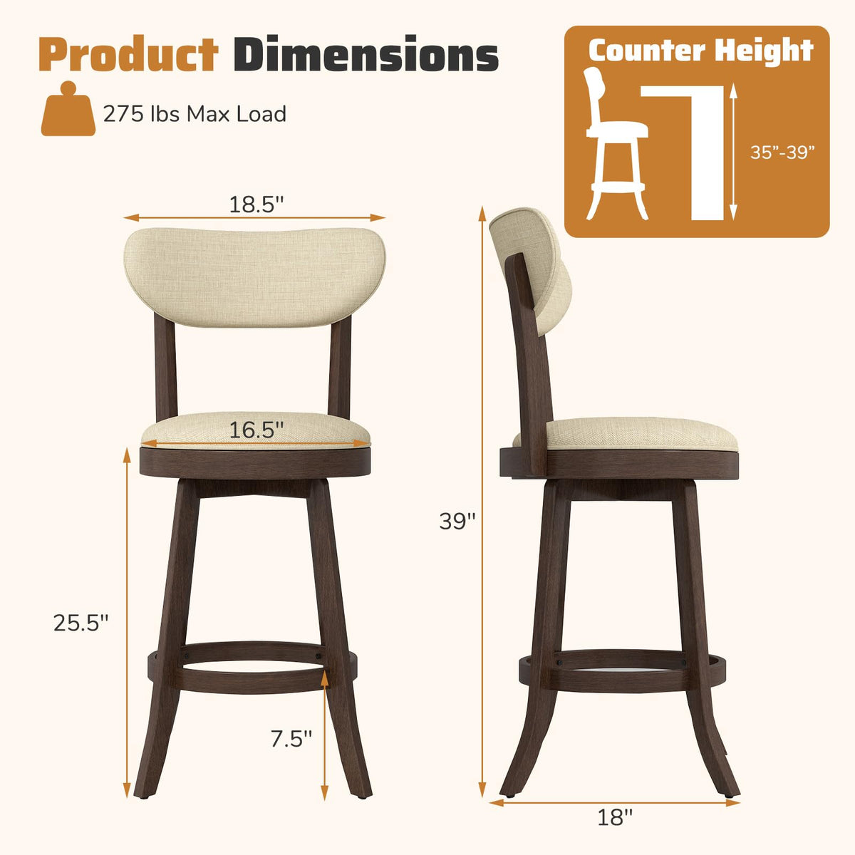 Goflame 25.5" Counter Height Upholstered Linen Barstools