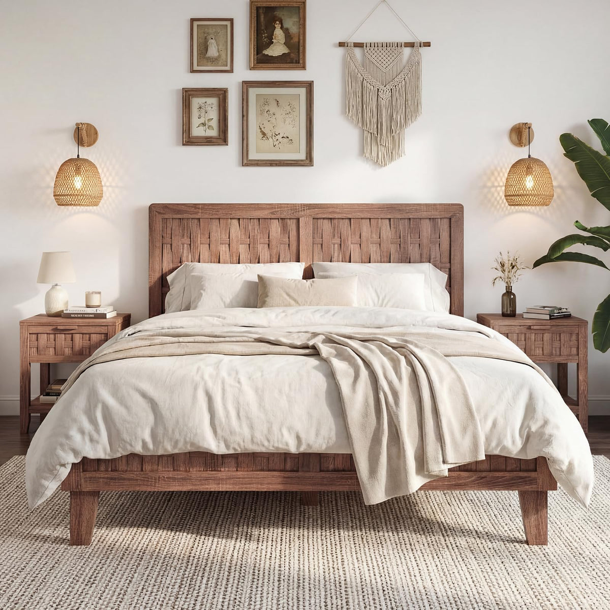 Goflame Wood Bed Frame with Woven Headboard (Full/Twin/Queen)