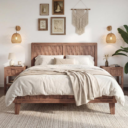 Goflame Wood Bed Frame with Woven Headboard (Full/Twin/Queen)