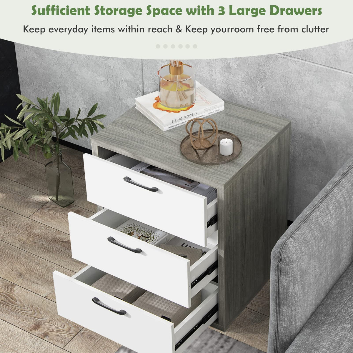 Goflame Storage Drawer Dresser - Wood End Table, Night Stand with 3 Drawers (1, White & Gray)
