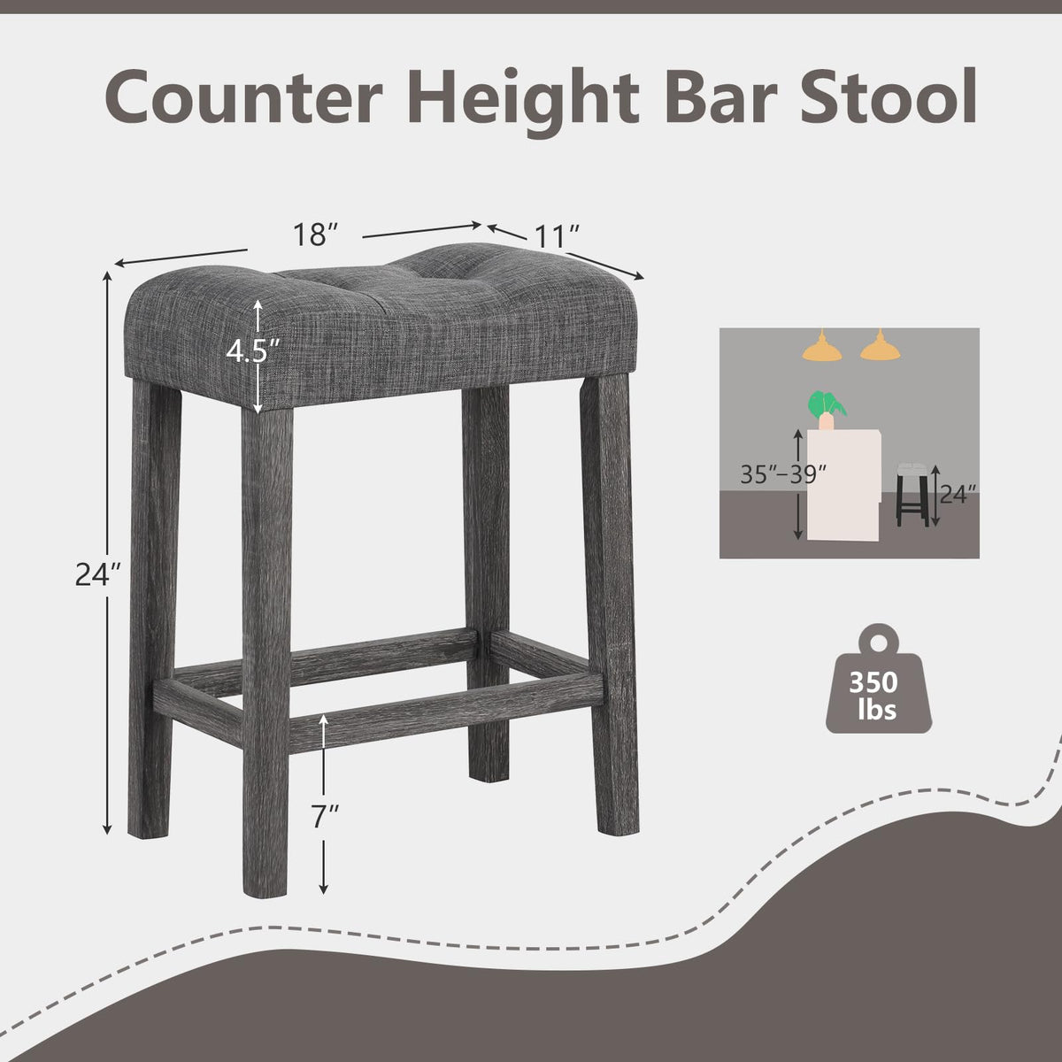 Goflame 24" Bar Stools, Backless Counter Height Saddle Bar Stools w/Padded Seat, Solid Rubber Wood Legs