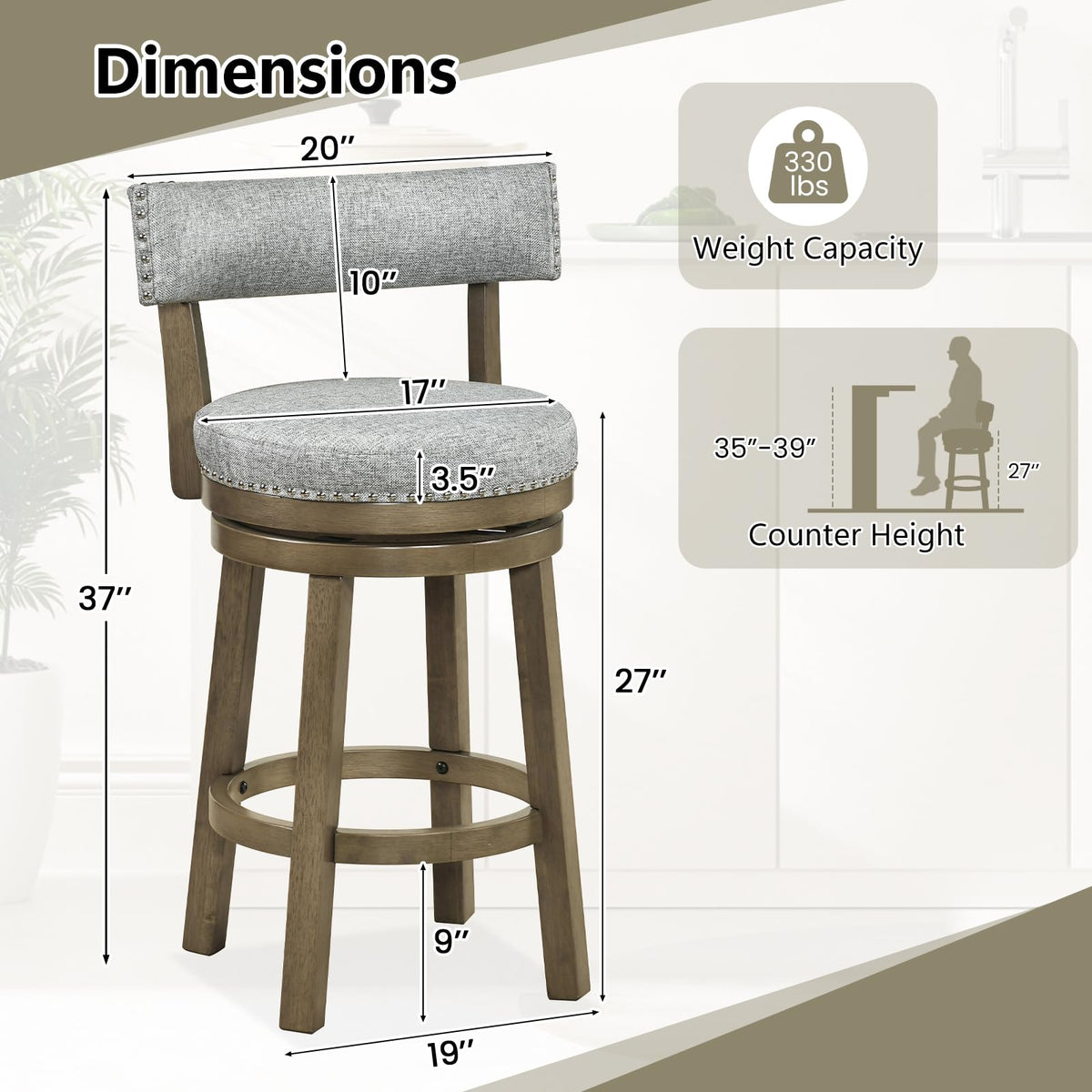 Goflame Swivel Bar Stool | 27" Counter Height Stool with Linen Fabric Upholstered Seat & Back