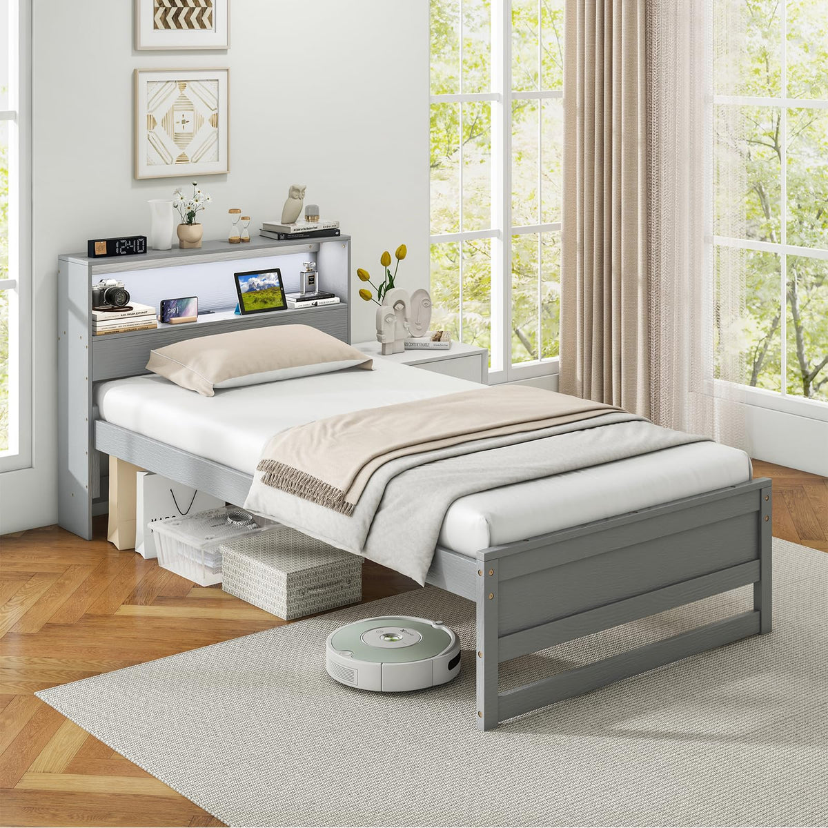 Goflame Twin Bed Frames with Storage Headboard, Wood Platform Bed with Charging Station & LED Light