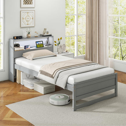 Goflame Twin Bed Frames with Storage Headboard, Wood Platform Bed with Charging Station & LED Light