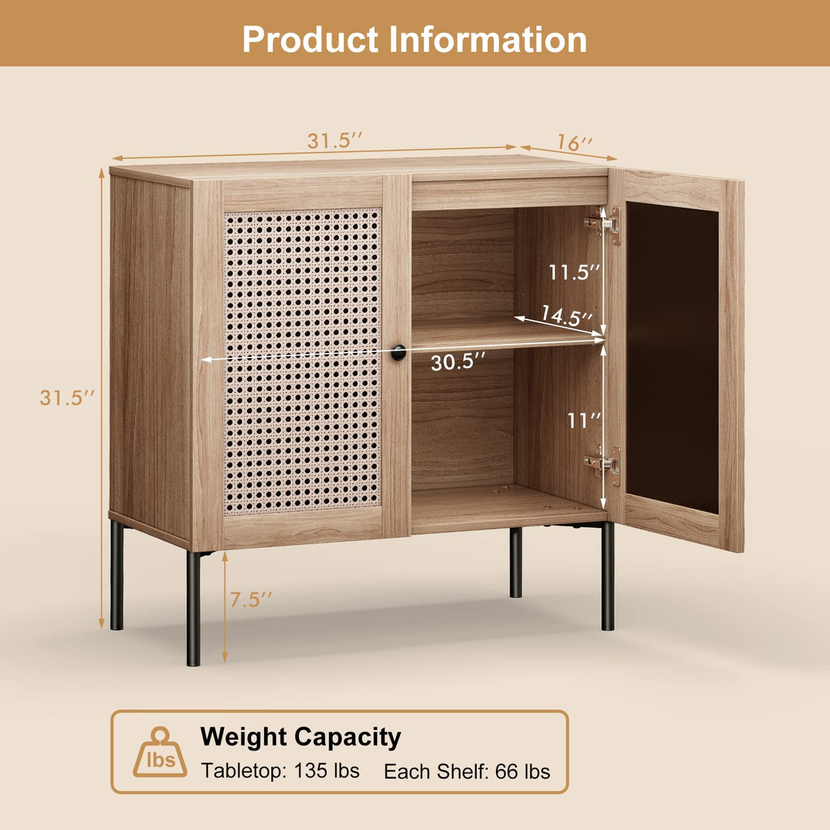 Goflame Buffet Cabinet, Wood Sideboard Storage Cabinet with Rattan Door, 3-Position Adjustable Shelf