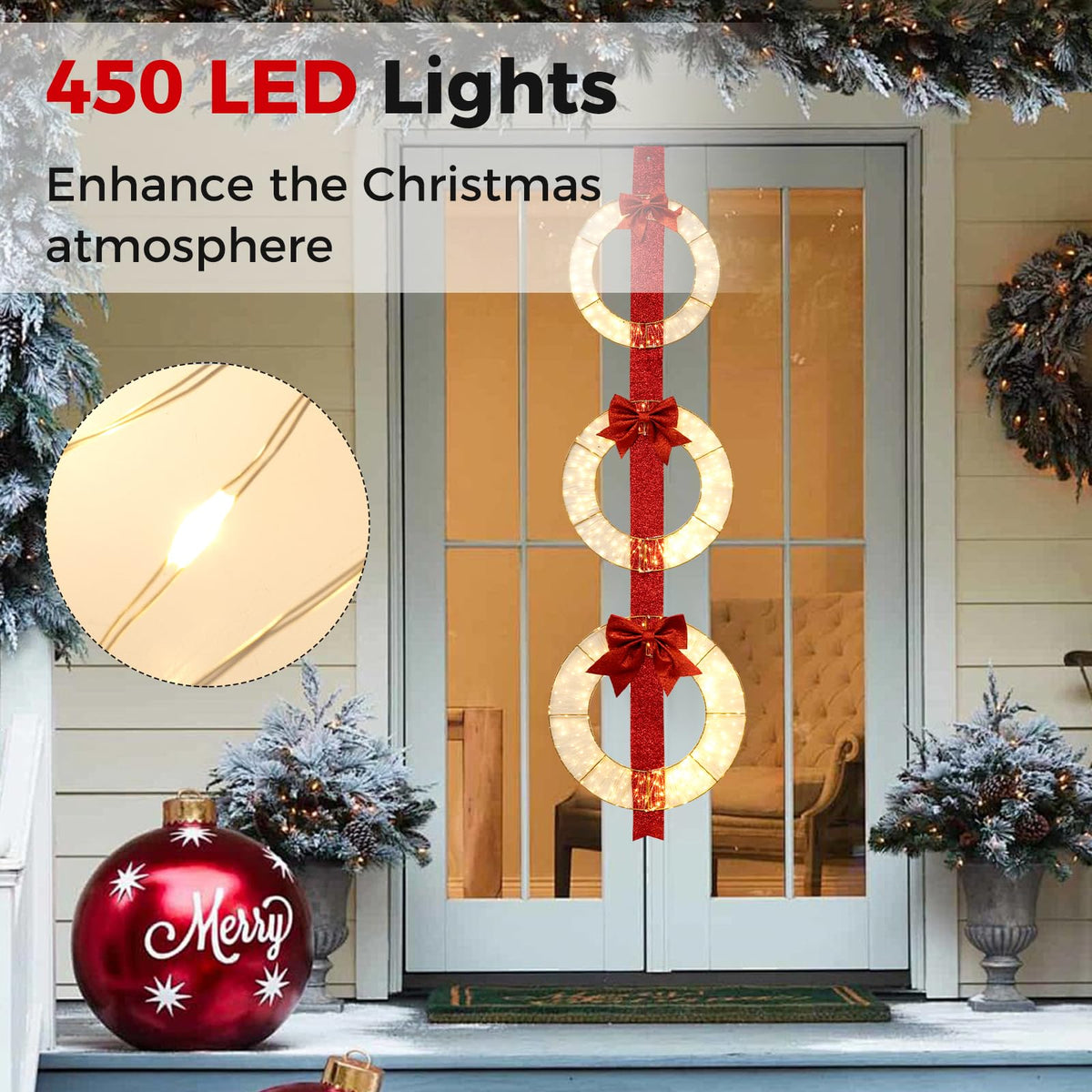 Goflame Set of 3 Pre-Lit Wreaths, 5.8 FT Xmas Light-up Decorations on Red Ribbon with 450 LED Lights