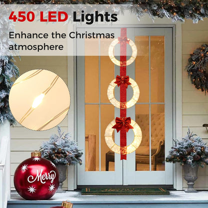 Goflame Set of 3 Pre-Lit Wreaths, 5.8 FT Xmas Light-up Decorations on Red Ribbon with 450 LED Lights