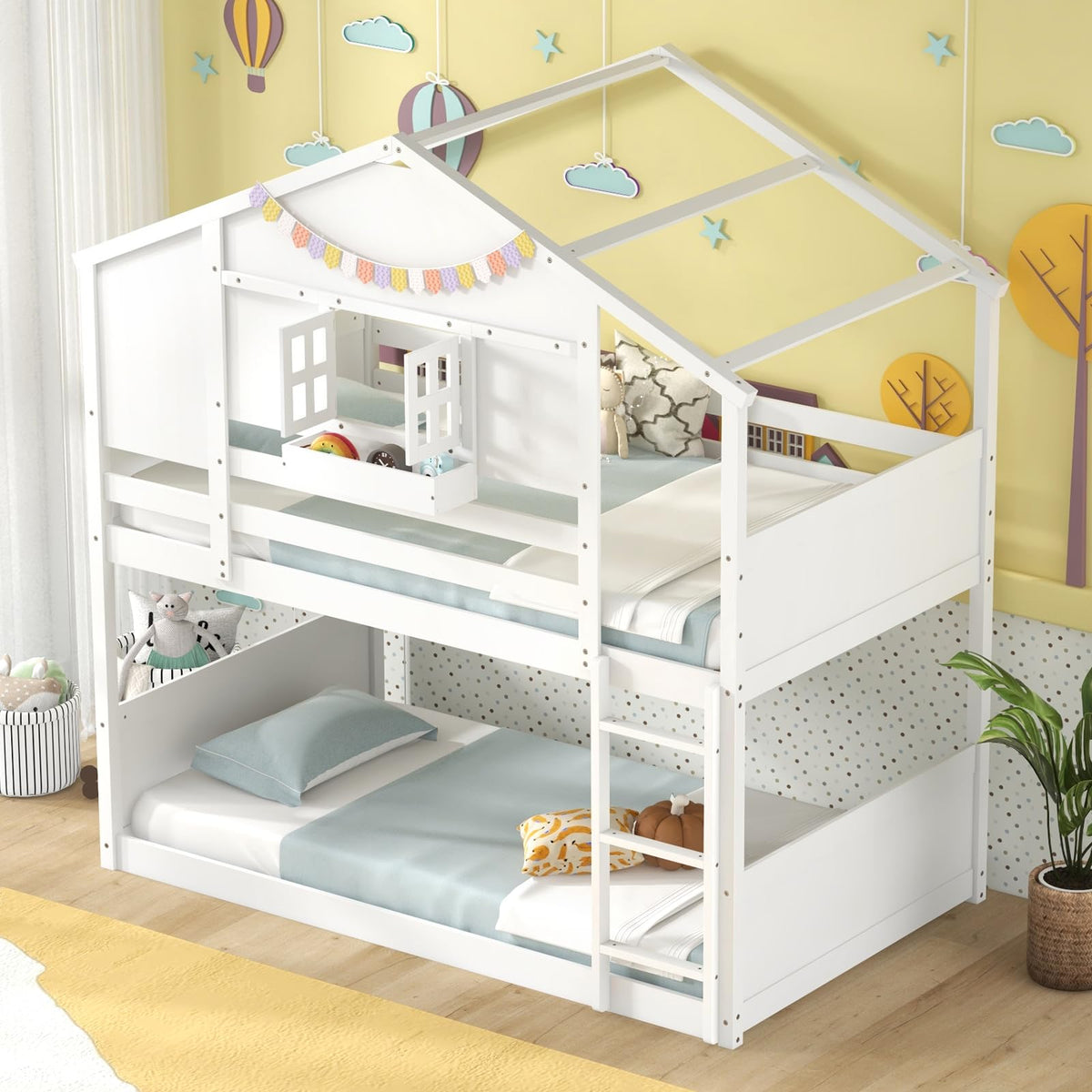 Goflame Bunk Bed Twin Over Twin, Wood House Bed for Kids with Roof, Window Door, White