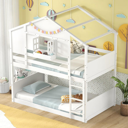 Goflame Bunk Bed Twin Over Twin, Wood House Bed for Kids with Roof, Window Door, White