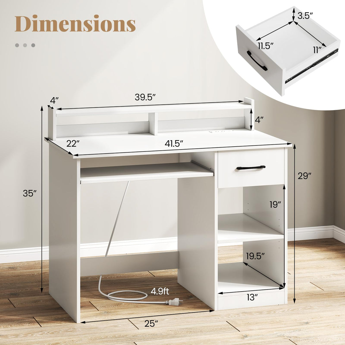 Goflame White Desk with Drawers Modern Home Office Desk