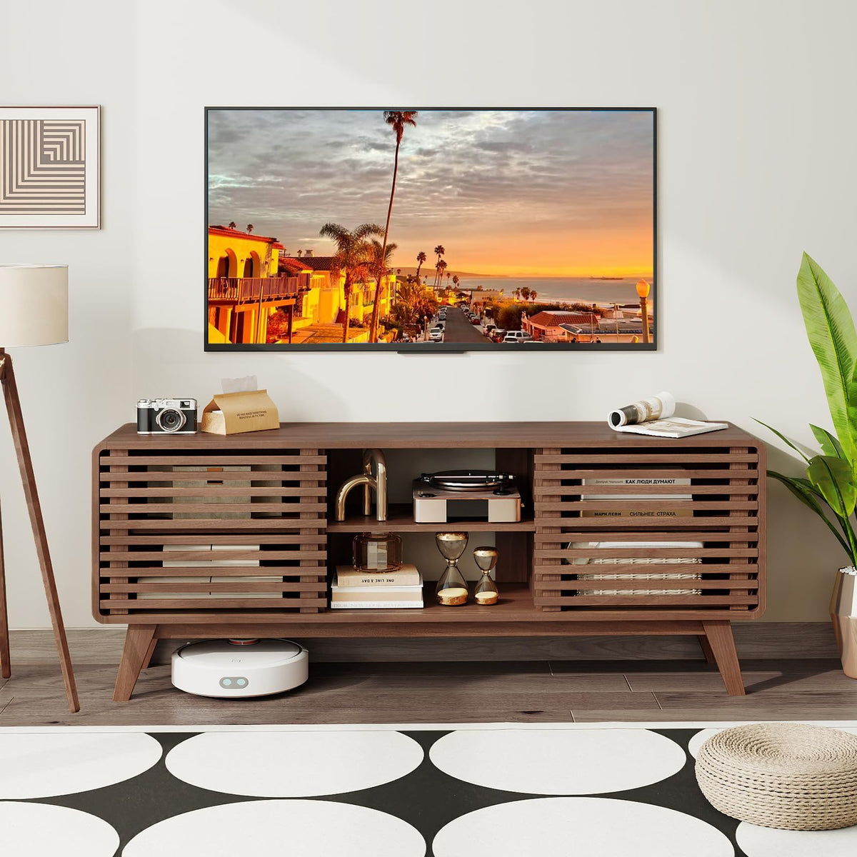 Goflame TV Stand for 60/65 Inch TV | Mid-Century Modern Entertainment Center with Storage Cabinet