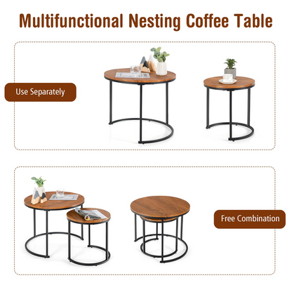 Nesting Coffee Table Set of 2, Round Stacking Side Tables w/Wooden Tabletop & Steel Frame