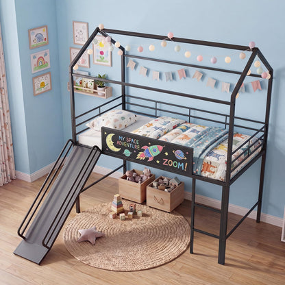 Goflame Twin Size House Loft Bed | Low Loft Bedframe w/Roof