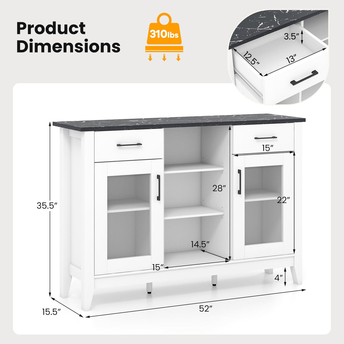 Goflame Sideboard Buffet Cabinet with 2 Drawers, Kitchen Storage Cabinet w/2 Doors, Open Compartments