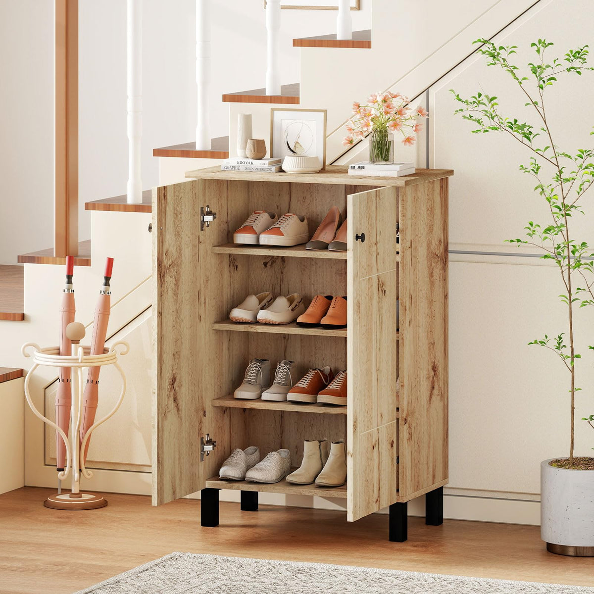 Goflame Shoe Cabinet with Doors 4-Tier Narrow Shoe Rack Cabinet