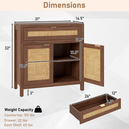 Goflame Sideboard Buffet Cabinet Rustic Rattan Storage Cabinet w/ 2 Doors