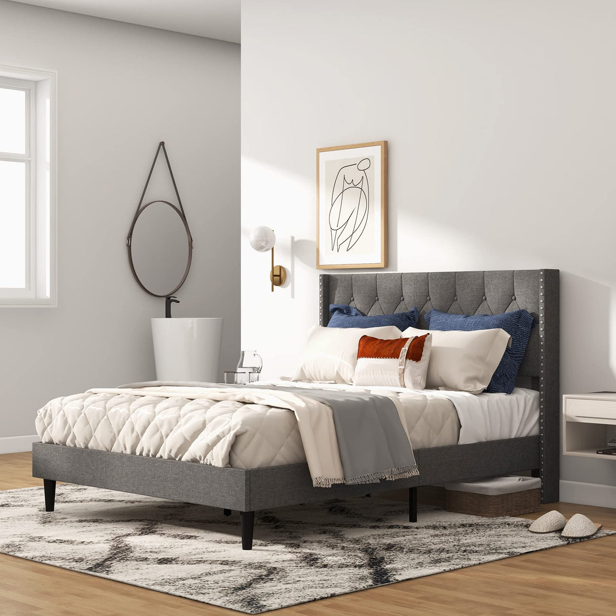 Goflame Full Size Linen Fabric Upholstered Platform Bed Frame