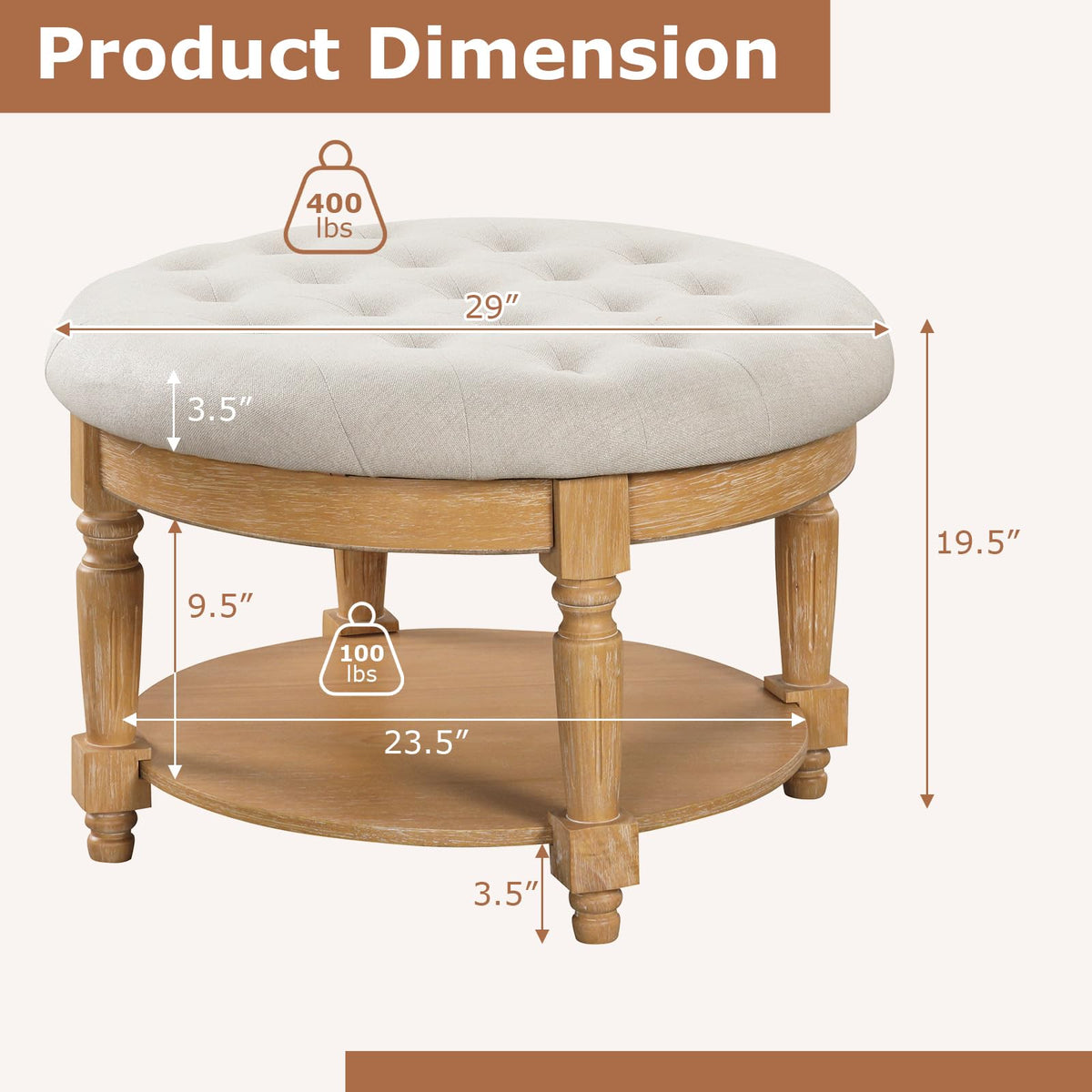 Goflame Large Ottoman Coffee Table - 29 inch Oversized Round Ottoman with Storage Shelf, Flip up Top, Wood Legs