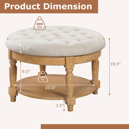 Goflame Large Ottoman Coffee Table - 29 inch Oversized Round Ottoman with Storage Shelf, Flip up Top, Wood Legs