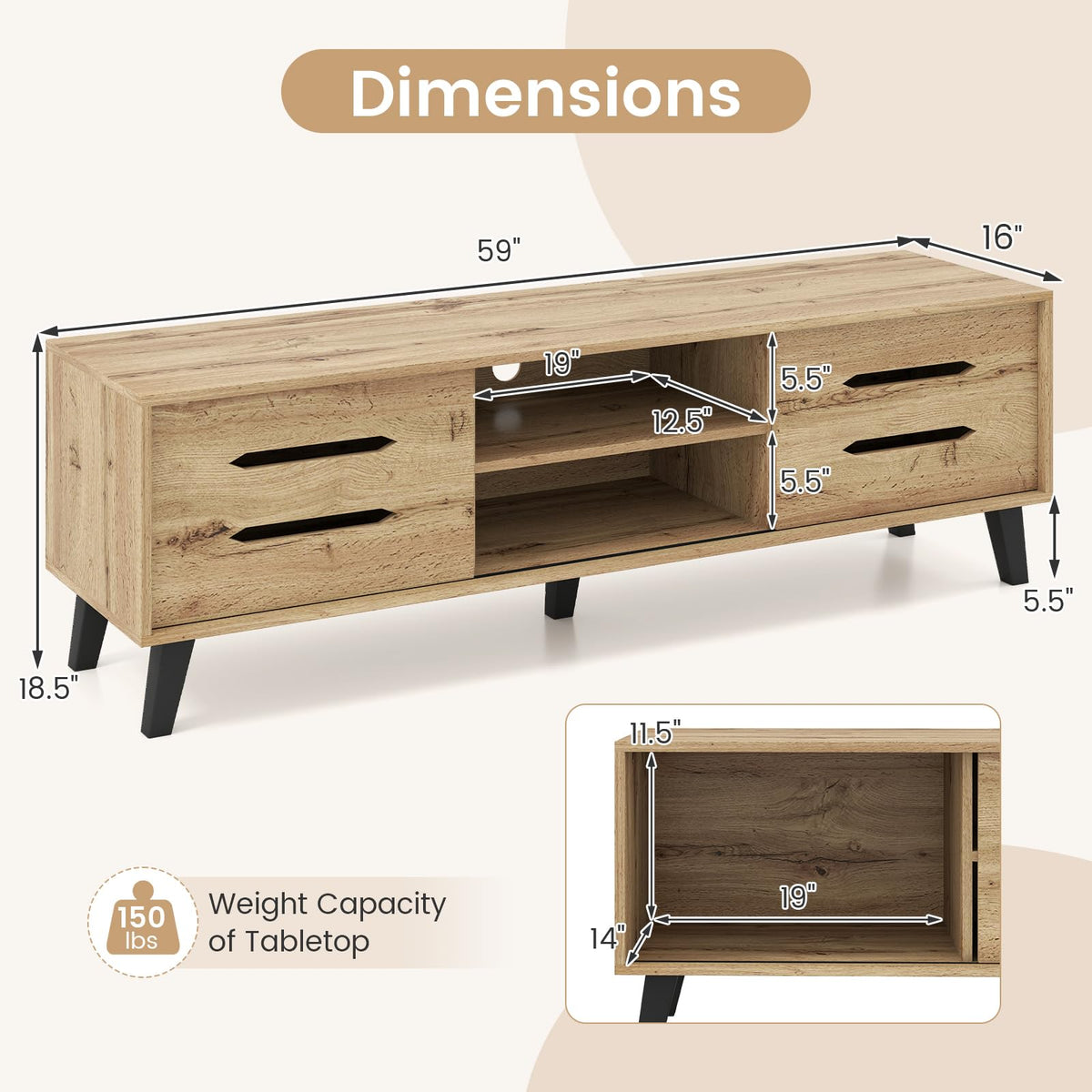 Goflame Mid Century Modern TV Stand for 55-65 Inch TV