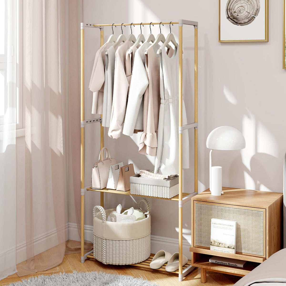 Goflame Pine Wood Clothes Rack with 2-Tier Open Storage Shelf for Hanging Clothes