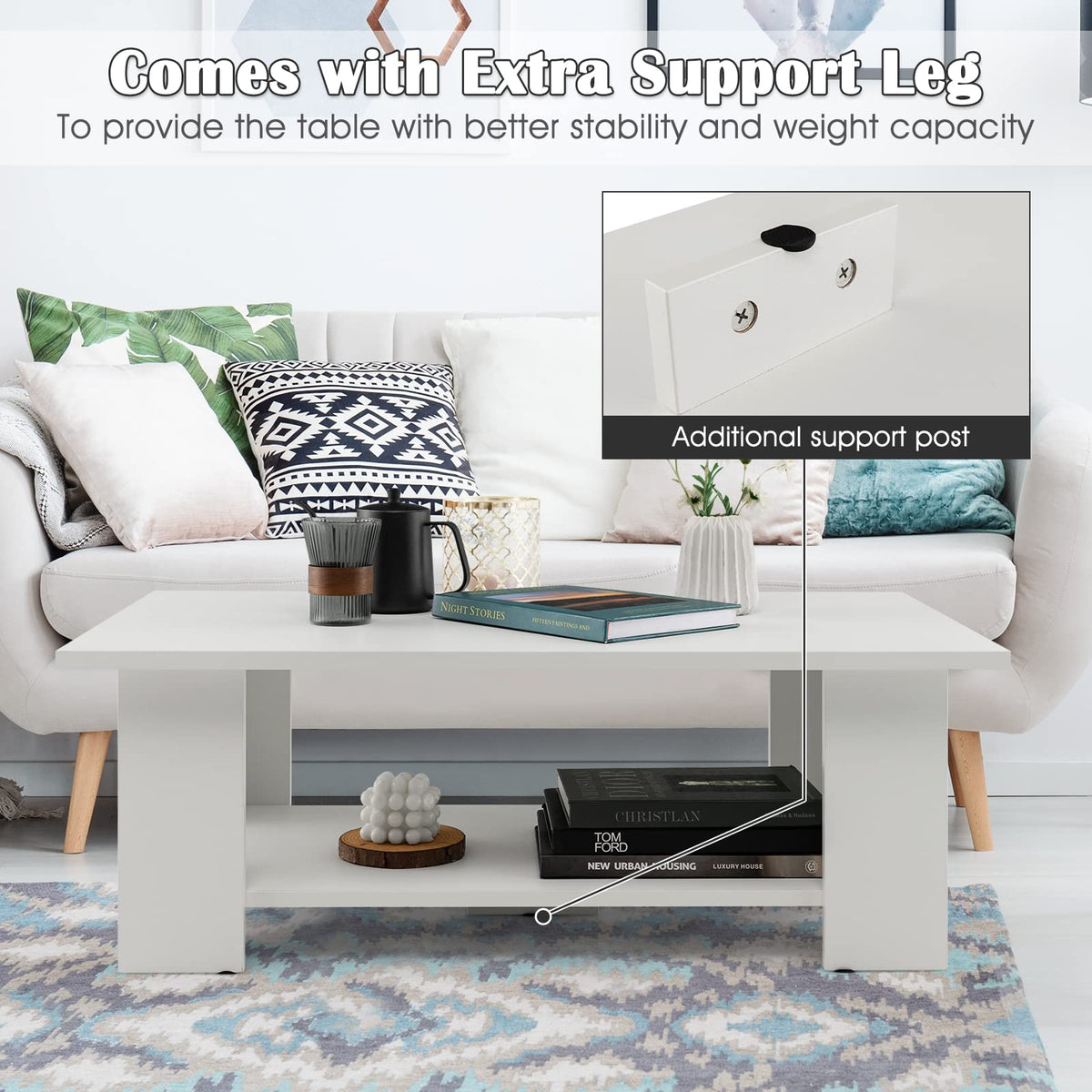 Goflame Wood Coffee Table w/Storage Shelf, 36"L 2-Tier Large Modern Tea Table, White
