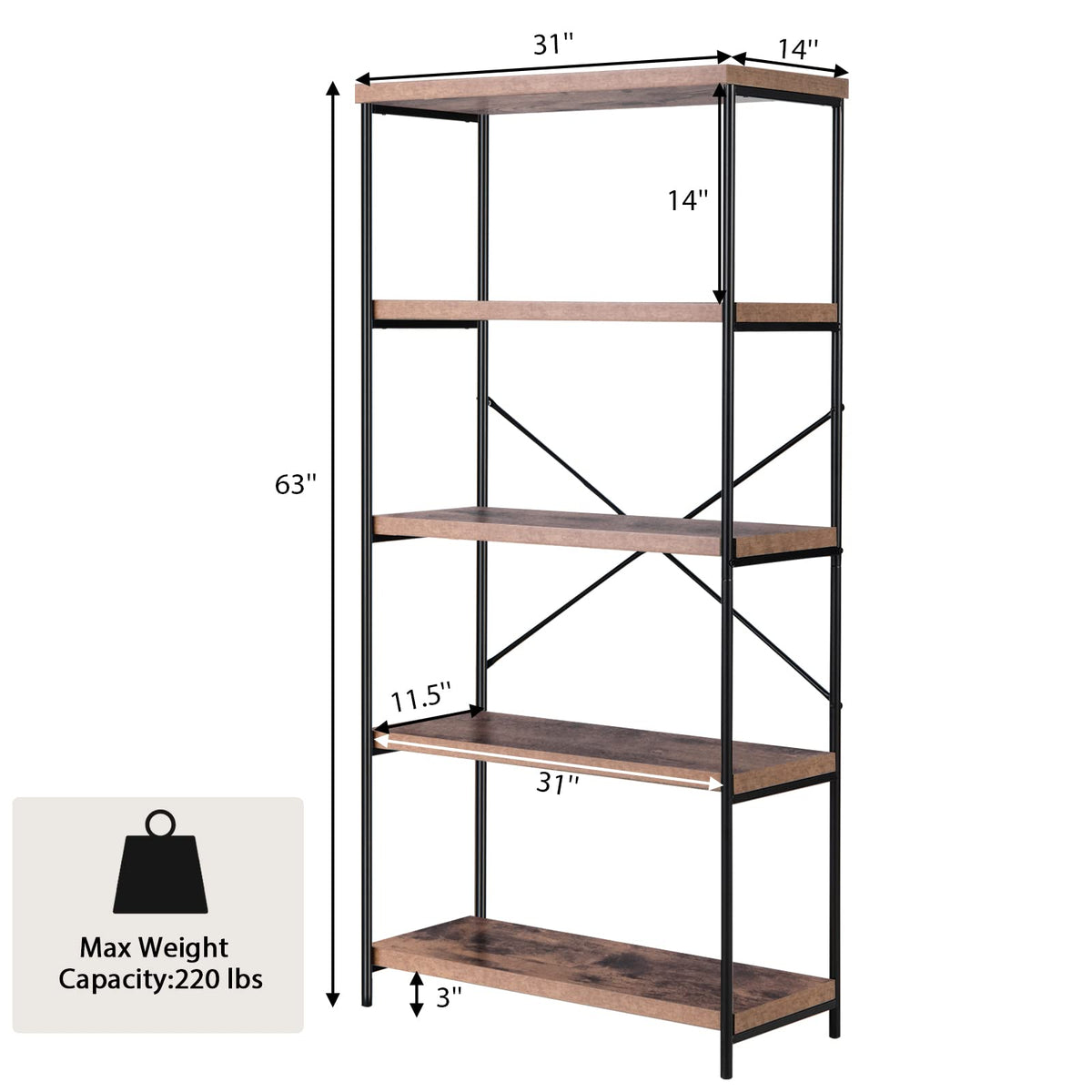 Goflame Industrial 5-Tier Wood Bookshelf - 63’’ Tall Open Storage Organizer Shelves with Anti-Tipping Device and Foot Pads